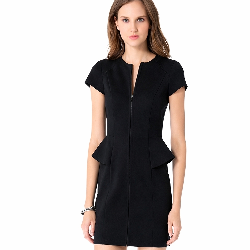 Theory Peplum Bodycon Dress Size 4 Black Stretch Scuba Zip Front Tailored